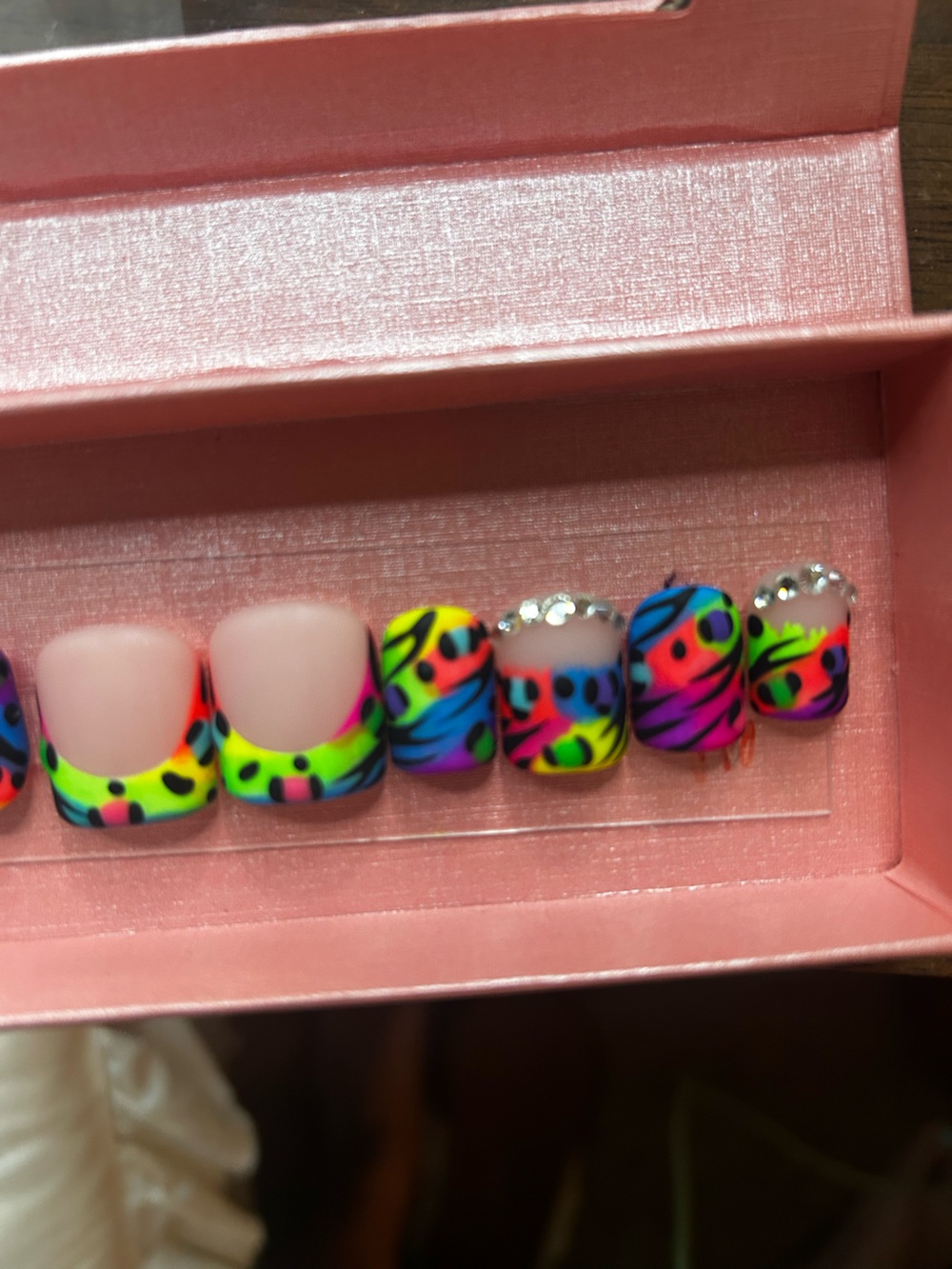 Neon Multicolor Animal Print Press-On Nail Set - Vibrant Pink Accents